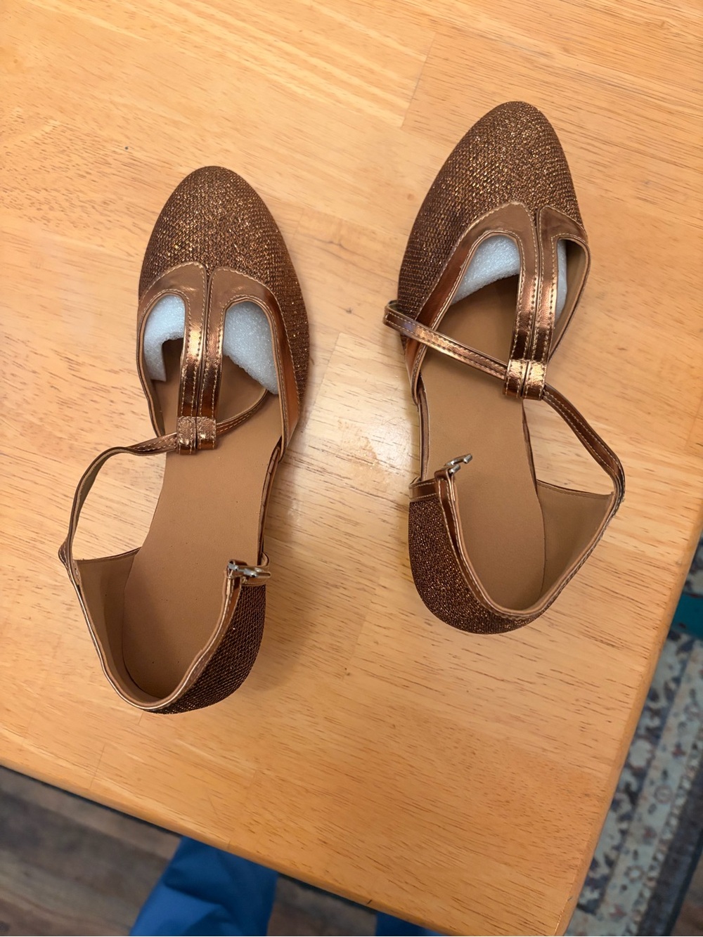 Women's Glitter Pointed T-Strap Flats in Bronze